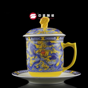 骨瓷釉中彩黄（青）龙杯碟ZS00100