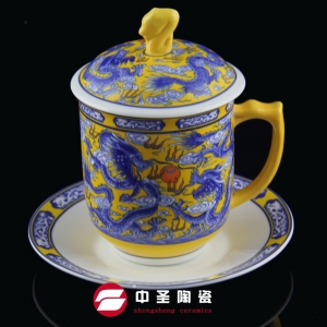骨瓷釉中彩黄（青）龙杯碟ZS00100